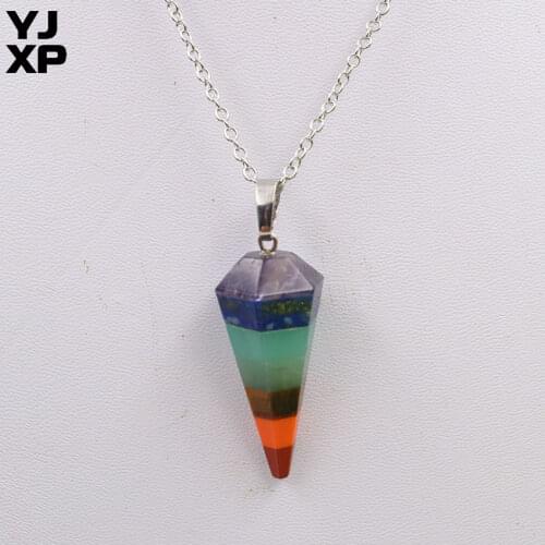 YJXP 7 Chakra Layer Stone Pendant Necklaces Reiki Healing Point Hexagonal Cone Shaped Pendants Amulet Jewelry Making