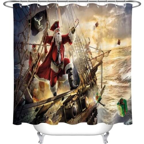 Funny Christmas Themed Bathroom Curtains, Captain of Reindeer Santa Claus in Pirate Costume Fire Gift Boxes