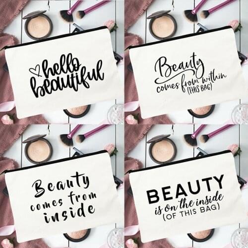 Hello Beautiful Letter Print Makeup Organizer Bag Travel Purse Portable Cosmetic Case Toiletries Wash Storage Pouch Lady Clutch