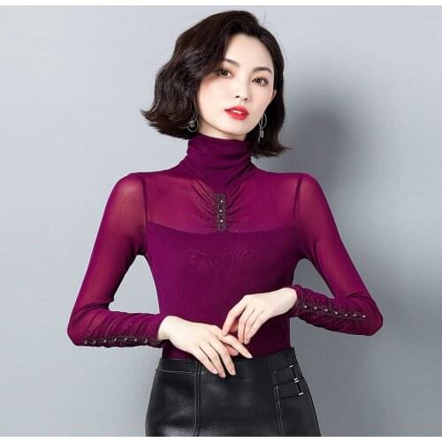Sexy Mesh Diamonds Blouse Women Turtleneck Long Sleeve Tops Elasticity Black Shirt Slim Blusas Mujer De Moda Casual Tight Shirts