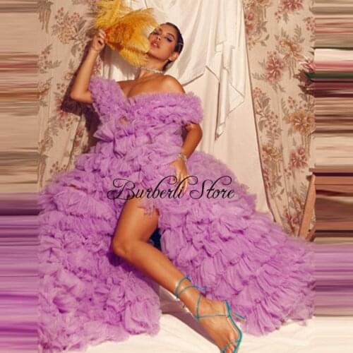 Newest Lavender Tulle Long Formal Party Dress 2021 Pretty Ruffles Tiered Prom Gowns Sexy Side Split Mesh Dresses Off The Shoulde