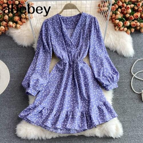 2021 New Spring Autumn French V-Neck long sleeve Dress Ruffles patchwork high waist pleated short solid color A-line Dress
