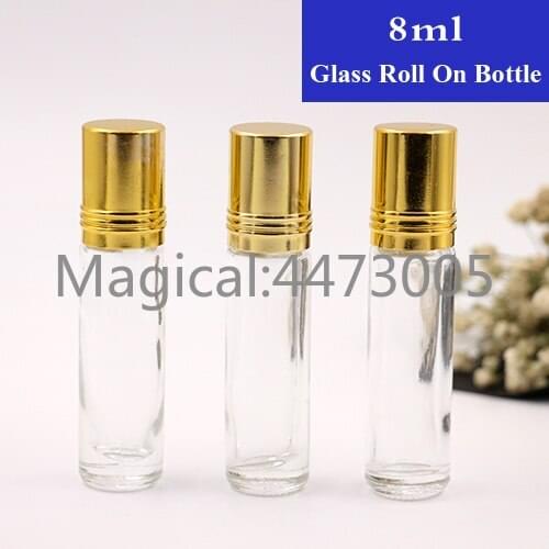 10/20/50pcs 8ml Mini 8cc Perfume Bottle Clear Glass Roll on Bottle with glass Roller Ball Essential Oils Container with Gold Cap