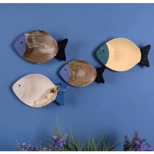 2pcs Fish Wood Wall Decor Mediterranean Style Hanging Ornament Handmade Wooden Sculptures Crafts Living Room Bedroom Decoration
