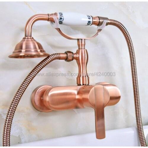 Antique Red Copper Bath Faucets Wall Mounted Bathroom Basin Mixer Tap Crane With Hand Shower Head Bath & Shower Faucet Kna319