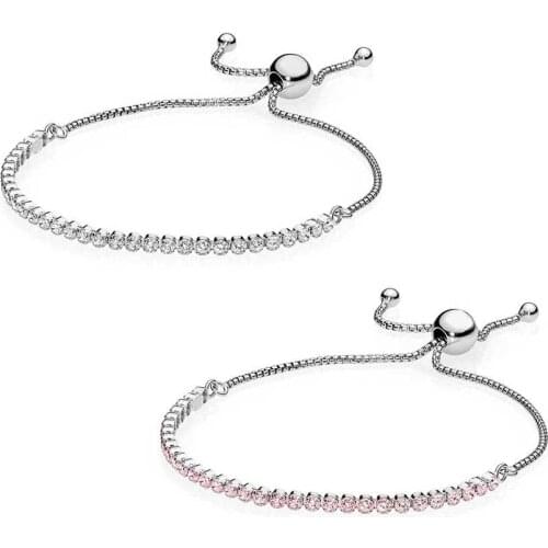 White And Pink Sparkling Strand Bracelet 100% 925 Sterling Silver Sparkling Bracelet Fit European Charms Diy Jewelry