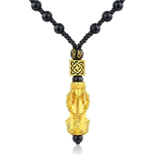 Feng Shui Black Obsidian Alloy Wealth Necklace for Women and Men Pendant Charm Jewelry Pixiu Lucky Gift