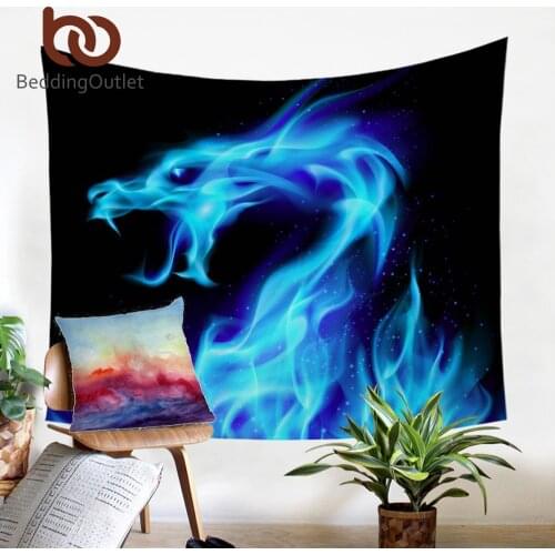 BeddingOutlet Blue Fire Tapestry Cool Dragon Decorative Wall Hanging Snake Black Bedspreads Animal 3D Print Bed Sheets 130x150cm