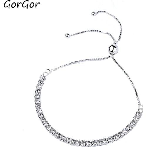 GorGor Bracelets Women 925 Sterling Pattern Box Shape Mosaic Zirconia Adjustable Bead Pull Simplicity Temperament Jewelry L232