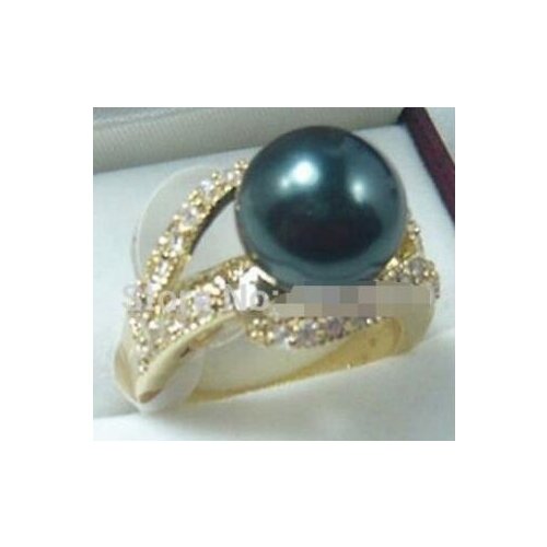 Hot sell charming ladys ring_ inay black 12MM shell pearl ring 6-9 Bridal jewelry