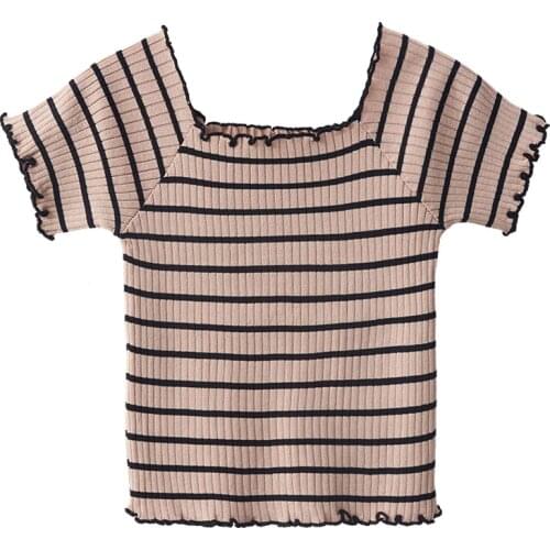 HELIAR Stripes T-shirts Women 2020 Summer Skinny Knitting Rainbw Tees Ladies Fashion Short Sleeve Flounce Hem T-shirts Women