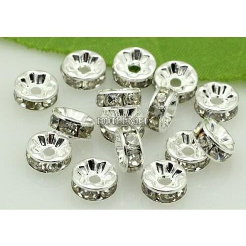 200pcs/lot 4 6 8 10mm Silver Plated Crystal Rhinestone Rondelle Loose Spacer Beads for DIY Jewelry Making Findings Accessories