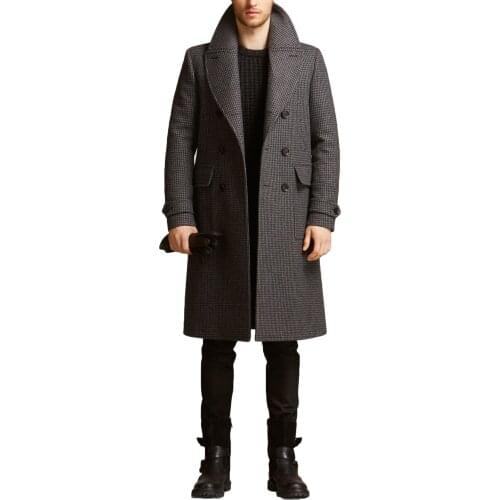 Plaid Mens Overcoat Woolen Warm England Style Double Breasted Thick Loose Long-Length Casual Trench Winter Coat Male Jacket