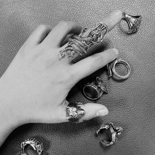 Mens Hip Hop Punk Retro Dragon Head Snake Wolf Fox Ring Open Adjustable Animal Design Finger Ring Exaggerated Male Jewelry Gift