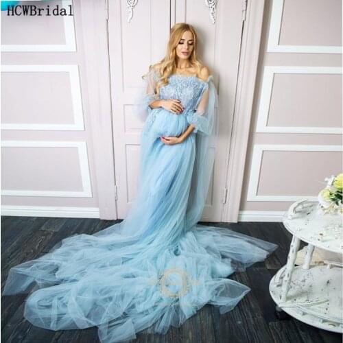 Mint Blue Plus Size Pregnant Women Evening Dress Boat Neck Graceful Lace Tulle Long Sleeves Women Prom Party Dresses Custom Made
