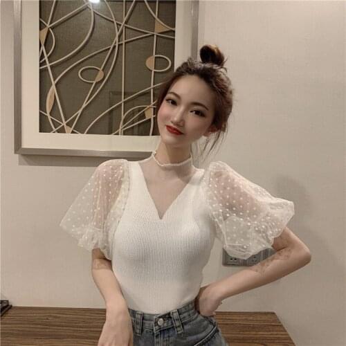 2020 Summer New Arrival Puff Sleeve Mesh Stitching Short Paragraph Shirt Slim Slimming Versatile Top Shirt Free Shipping