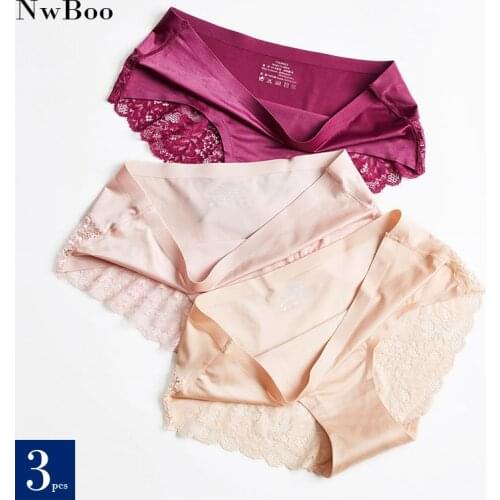 Nwboo 3pcs/lot Sexy Lingerie Lace Womens Panties Sets Silk Satin Smooth Underpants Lady Briefs Underwear Free Shipping