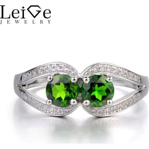 Leige Jewelry Genuine Chrome Diopside Ring Double Stone Wedding Engagement Ring Sterling Silver 925 Fine Jewelry Round Cut