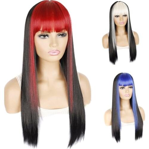 Long Straight Hair Wig Bob Haircut Whit Bangs Black Red Pink Highlights Color Fashion Wigs For White Women