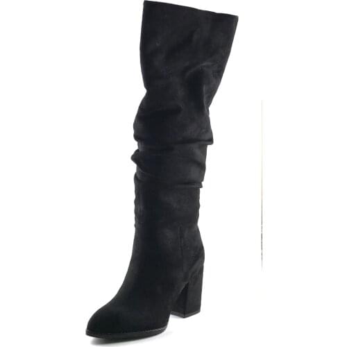 Kadın Siyah Süet Körüklü Uzun Bot Çizme Kalın Topuklu Yuvarlak Burun Yeni Sezon Süper İndirim