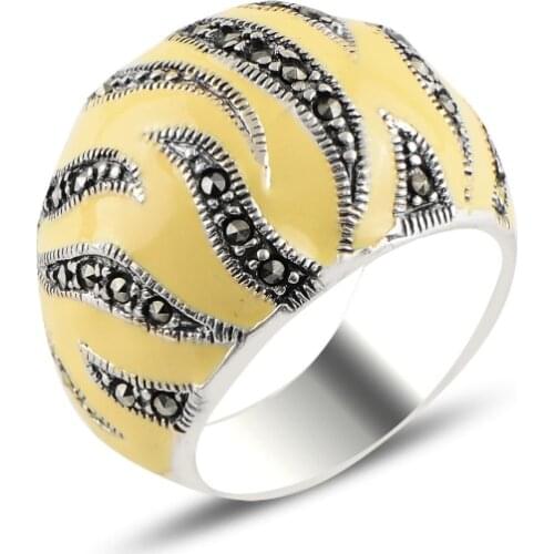 Silver 925 Sterling Marcasite Stone & Enamel Ring