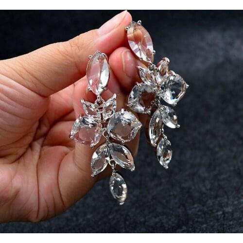 CINKILE New Transparent Color Crystal Large Leaf Drop Earrings For Women Fashion Big Dangle Earring High Quality Wedding Jewelry