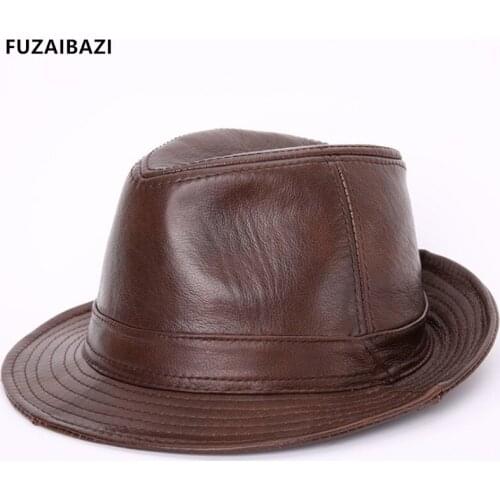 FUZAIBAZI Fashion Genuine Leather Hat Mens Womens New Cowhide Cap spring fall Trend Fedoras Hats