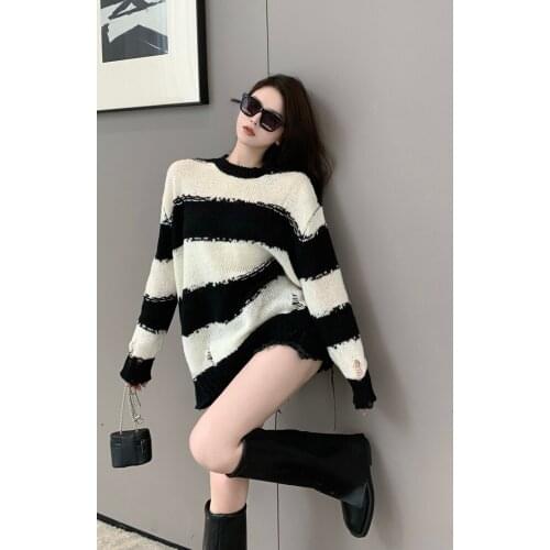 Lazy Vintage Autumn Loose Thin O Neck Long Sleeve Striped Knitted Sweater Hole Mid Length Casual Jumpers Pullovers Shirts Pull