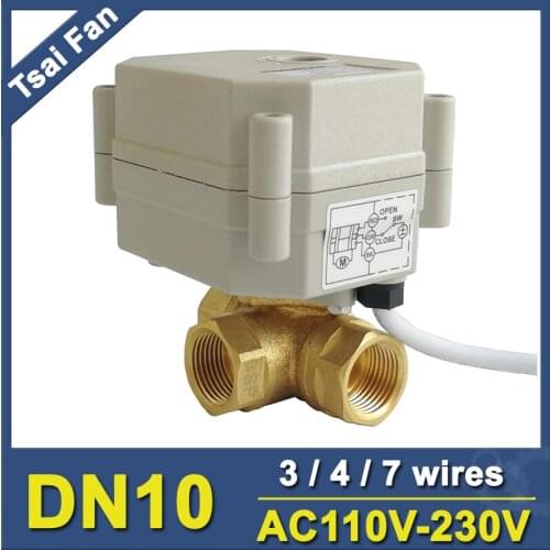 Tsai Fan 3 Way T/L Type Horizontal DN10 Electric Actuator Valve TF10-BH3-C Brass 3/8'' AC110V-230V 3/4/7 Wires For Water Heat