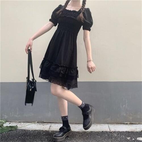 Japanese Soft Girl Lolita Princess Dress Retro Harajuku Summer Women Black Mini Dress Cute Square Collar Gothic Ruffles Dresses