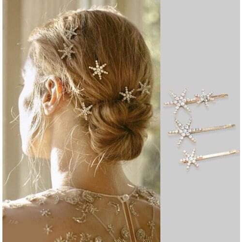 3 Pieces Silver Gold Star Hairpin Rhinestone Crystal Barrette Wedding Wear Ornament Hair Accessories