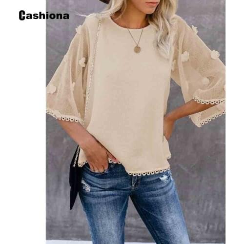 Cashiona Plus size Women Casual Shirt Patchwork Dot Mesh Ladies Chiffon Blouses Half Sleeve Tassel Shirt Blusas Sexy Femme Tops