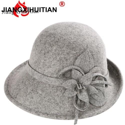 Female Winter Australia Wool Vintage Floral Womens Fedoras Felt Hats Fashion French Bowler Sombrero Fedora Wool Hat For Women