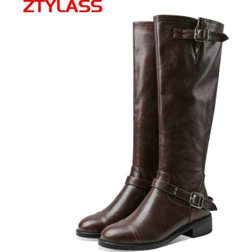 Black Brown Yellow Women Westren Boots Fashion Buckle Square Low Heel Knee High Boots Autumn Winter Round Toe Shoes Woman