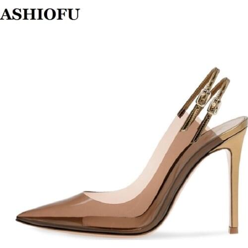 ASHIOFU 2020 New Handmade Womens High Heels Pumps PVC Leather Pointed-toe Dress Shoes Slingback Evening Party Fashion Shoes
