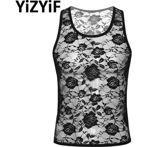 Lingerie Men Sissy tank tops See Through Sheer U Neck Sleeveless Stretchy Floral Lace Muscle Fitted T-Shirt Undershirt Tank Top