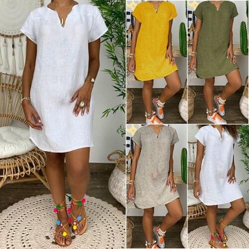 New Women Short Sleeve Dress Solid V Neck Summer Beach Cotton Linen Casual Kaftan Maxi Loose Tops Dresses Hot S-XL