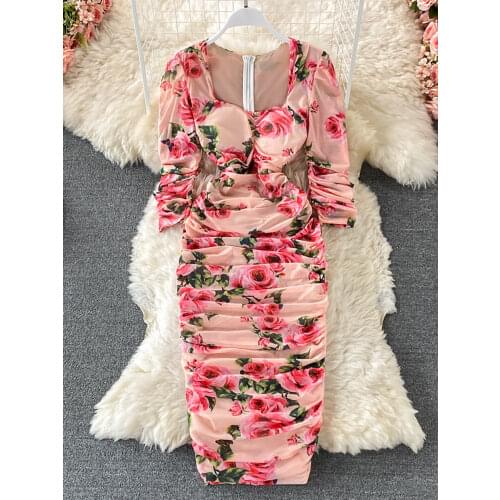 Vintage Women Pleated Long Dress Flower Printed Square Collar High Waist Draped Robe Female Elegant Floral Vestidos Spring Fall