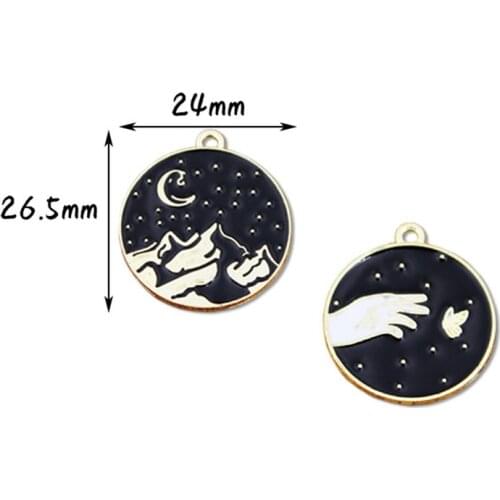 Julie Wang 10pcs Enamel Black Charms Round Alloy Night Sky And Hand Pendant Necklace Bracelet Jewelry Making Accessory
