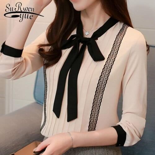 2019 chiffon long sleeve blouse shirts sweet lace patchwork women clothing bow tie fashion female tops shirt blusas 0473 30