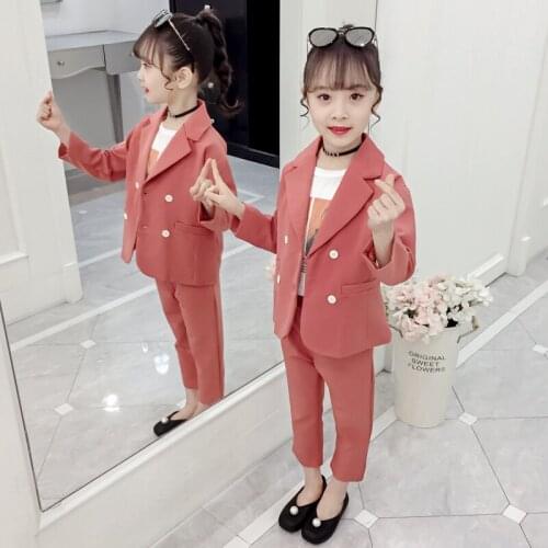 2020 Children Outerwear Girls Clothes Suits Set Coats Pant 2pcs Kid Girl Wedding Party Solid Clothing Set 2-13 Years Old Fashion