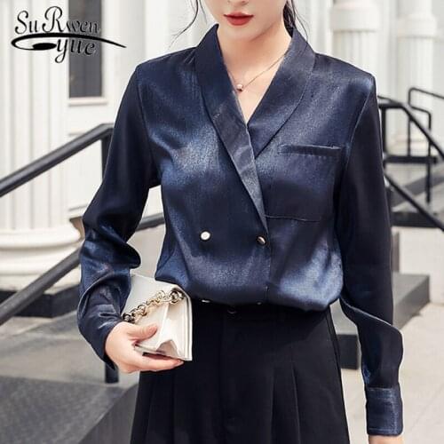 2021 New Fashion Long Sleeve Solid Women Blouse Tops OL Loose Blue Cardigan Shirt Women Clothes Button Chemisier Femme 6940 50