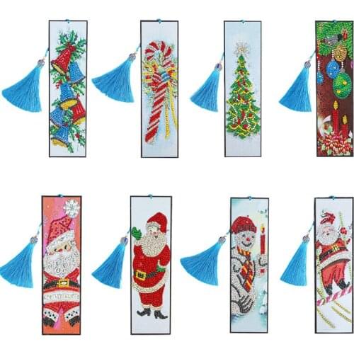 4Pcs DIY Diamond Bookmark Tassel PU Leather Bookmark Mosaic Kit Santa Calus Christmas Decoration Books Mark Xmas Gift