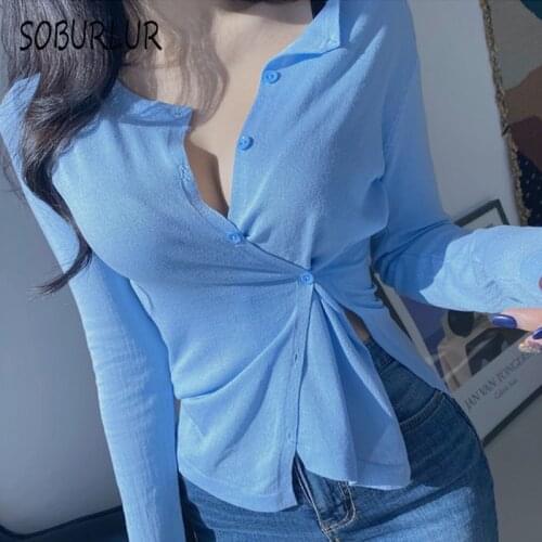 SOBURLUR BF Korean Sytle Womens Blouses Solid Color Shirt Sexy Chic Long Sleeve Blousas Crop Tops Woman Clothing Tunics Summer