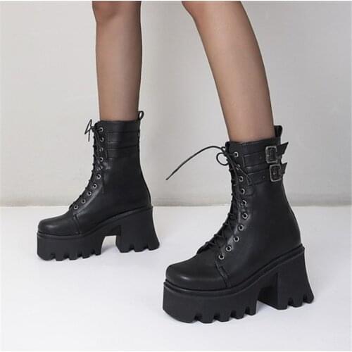 PXELENA Plus Size 35-43 Punk Gothic Platform Motorcycle Combat Martin Boots Women Buckle 2021 Winter Shoes Chunky High Heels JK