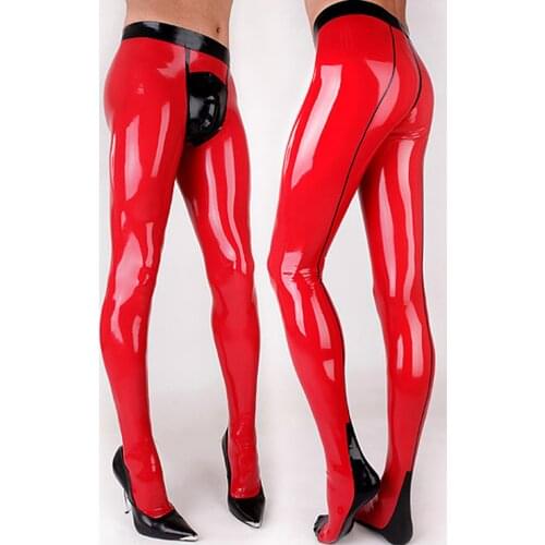 Crotch zipper design mens red skinny pants with feet costume red pantyhose what is made from 100% natural latex materials