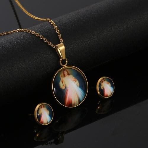 Ethiopian Gold Color Pendant Necklace Earrings for Women Men Trendy Classic Christian Jesus Necklace Jewelry