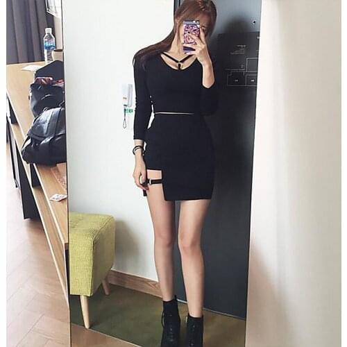Hipster Lady Round Hollow Out Long Sleeve Short T Shirt Irregular Mini Dress Street Set Women Gothic Sexy Solid Black Sets 2021