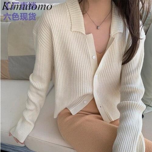 Kimutomo Knitted Cardigan Womens Elegant Turn-down Collar Long Sleeve Short Sweater 2021 Autumn Korean Retro Slimming Short Top