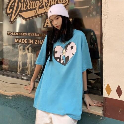 Summer college style cartoon print half-sleeved mid-length loose round neck T-shirt simple and versatile casual women